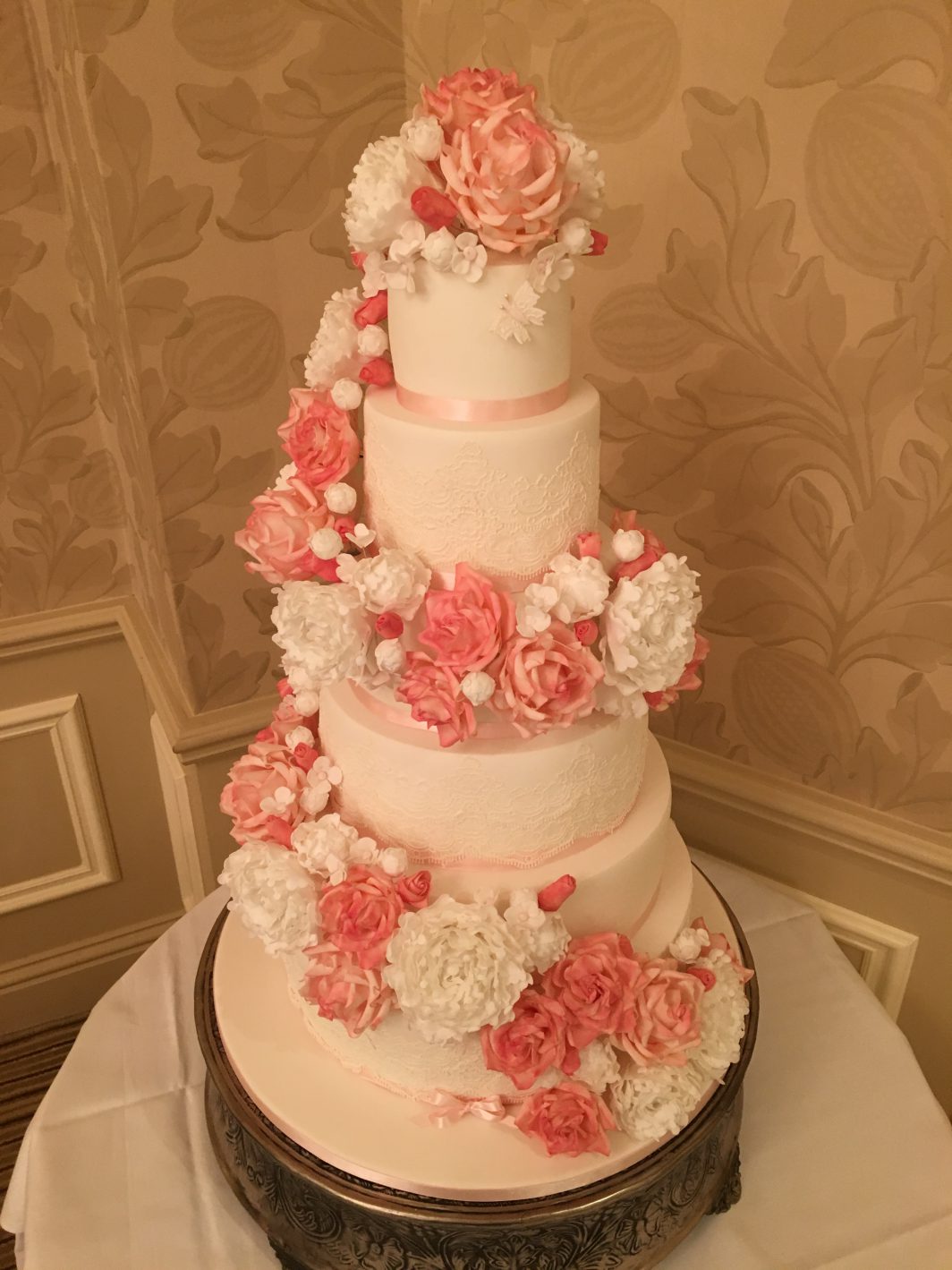 roses peonies and lace 6 tier wedding cake