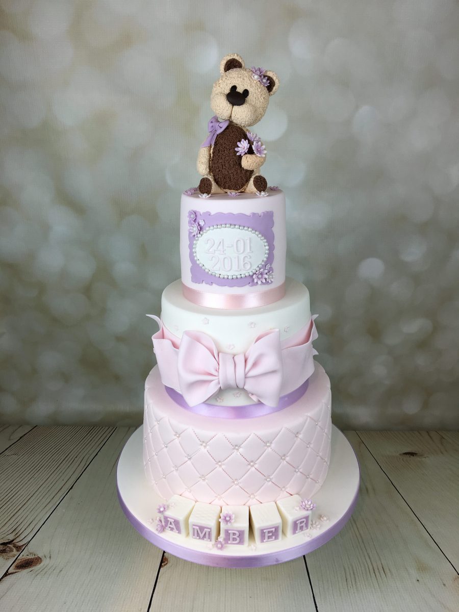Christening Cake - Lilac and Pink With Teddy Bear Topper - Mel's ...