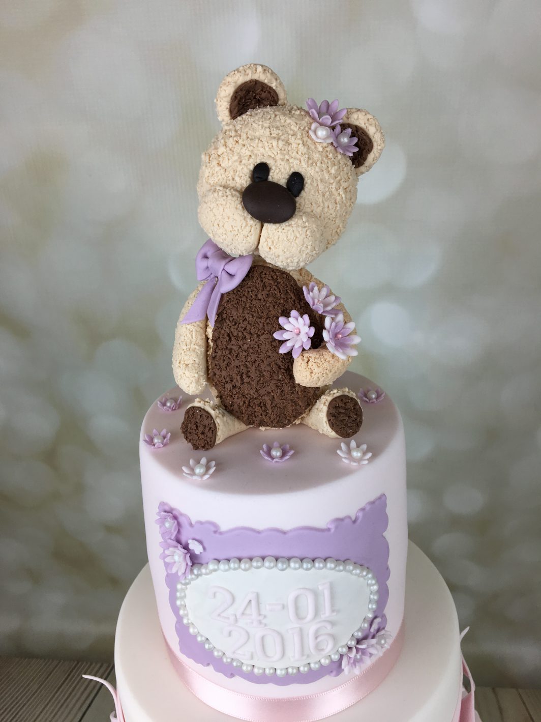 Christening Cake - Lilac and Pink With Teddy Bear Topper - Mel's ...