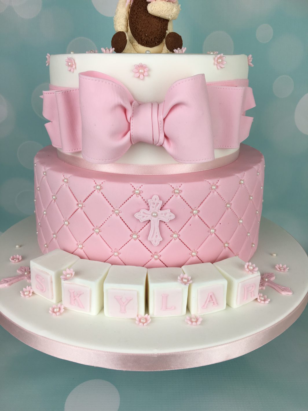 Pink Christening Cake With Teddy Bear Topper - Mel's Amazing Cakes