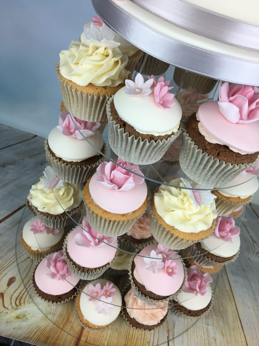 Roses and Butterflies Cupcake tower with 2 tier cutting cake Mel's Amazing Cakes
