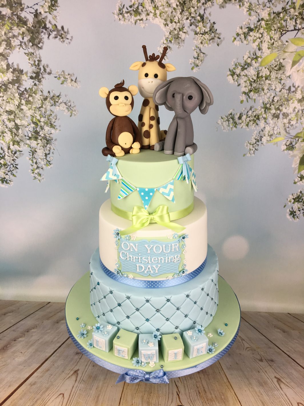 blue and green christening cake