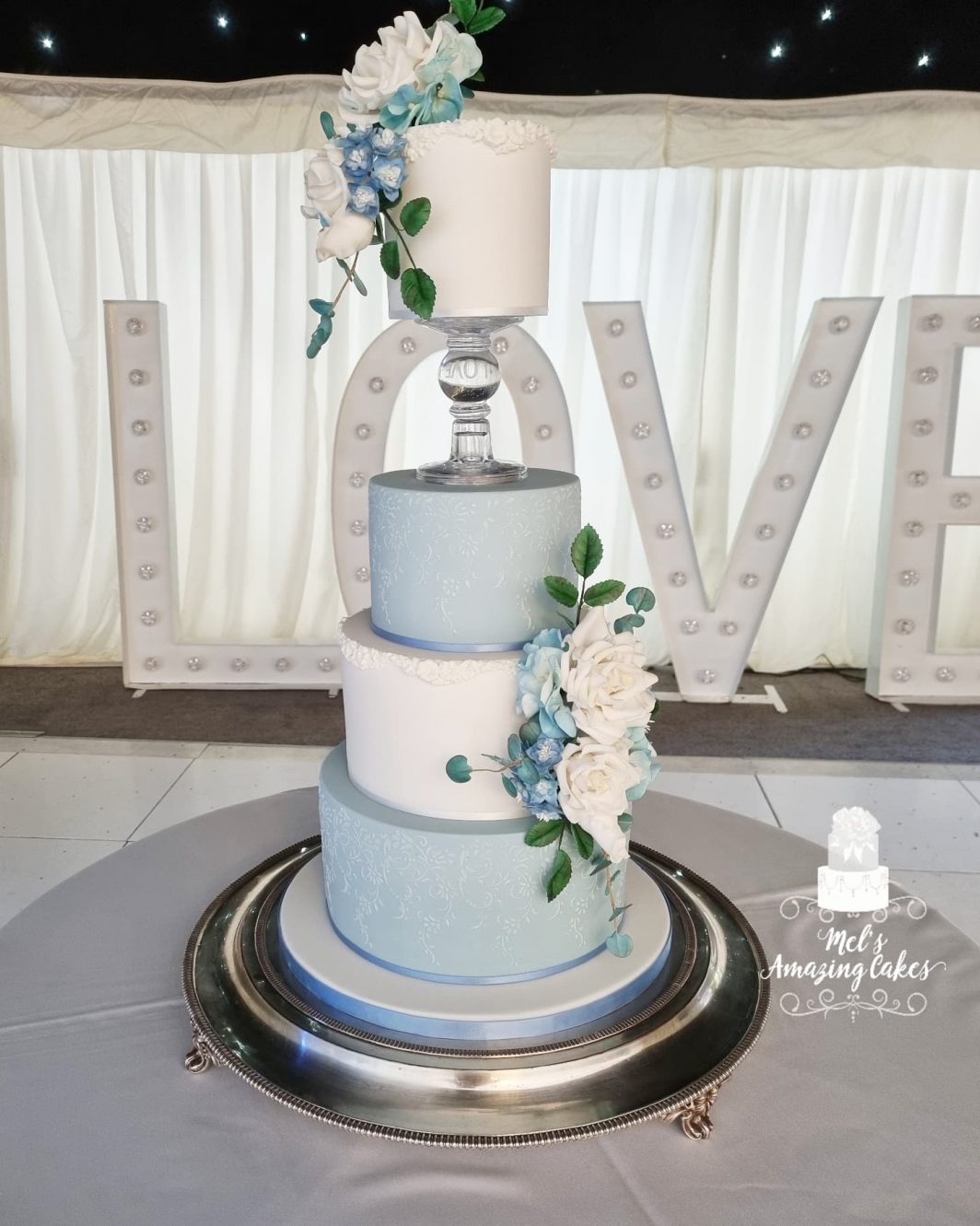 Dusky blue and white wedding cake - Mel's Amazing Cakes